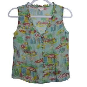 Lance Vintage Retro Novelty Silk Sleeveless Button Front Sheer Top Size 6